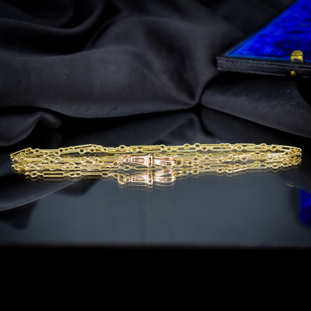 An antique 9ct yellow gold paperlink chain featuring elongated rectangular links and a dog clip swivel clasp. View VI