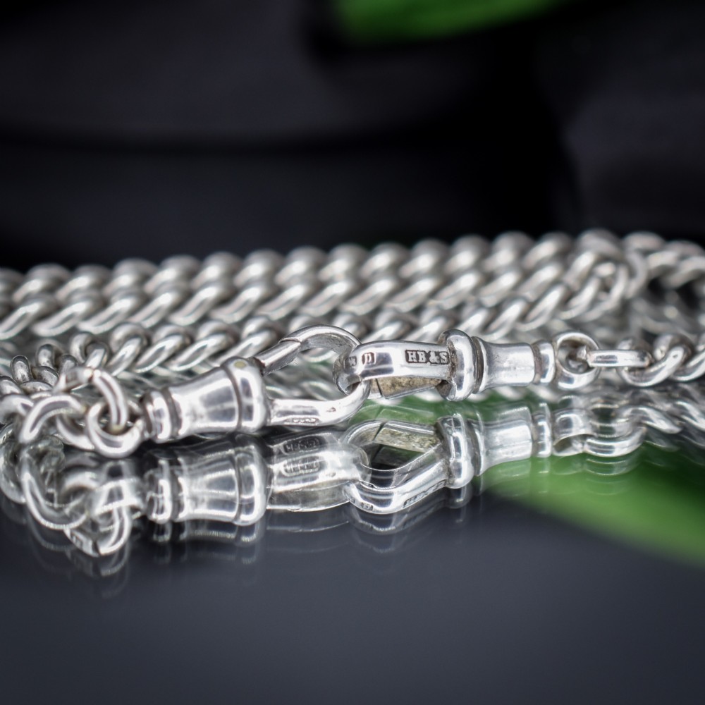 An antique sterling silver uniform curb link Albert watch chain configured as a necklace with a suspended central T-bar. View VI
