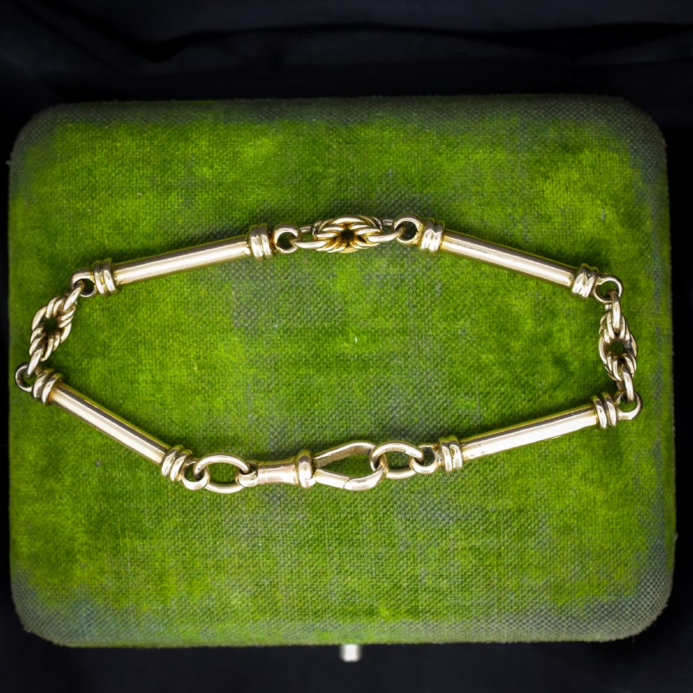 Antique 9ct Gold Tubular Bar and Love Knot Link Bracelet with Dog Clip 8"