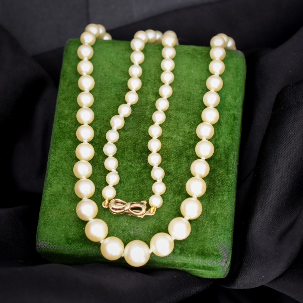 A 17-inch strand of graduated cream pearls featuring individually knotted beads and a gold bow-shaped clasp, resting on green velvet.