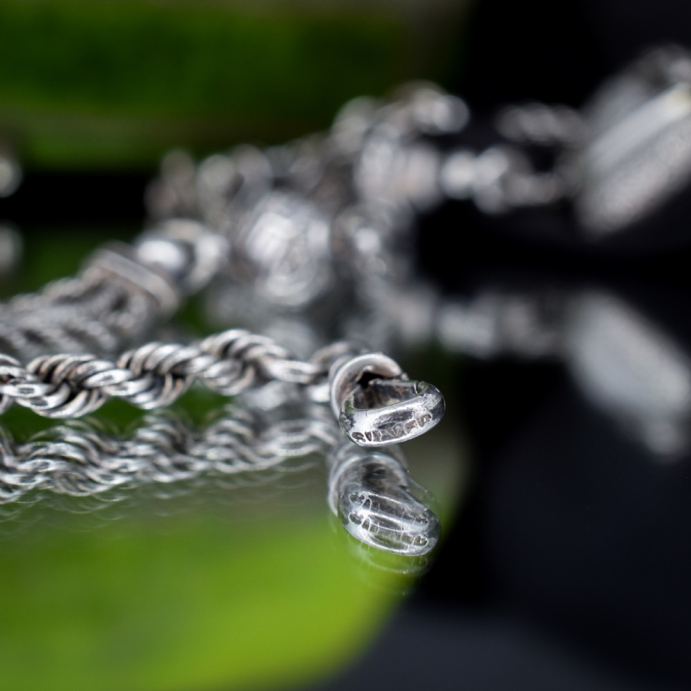 An antique silver Albertina watch chain styled as a bracelet, featuring multi-strand rope chains, an engraved heart motif charm, a silver tassel, a T-bar, and a swivel clasp. View VII