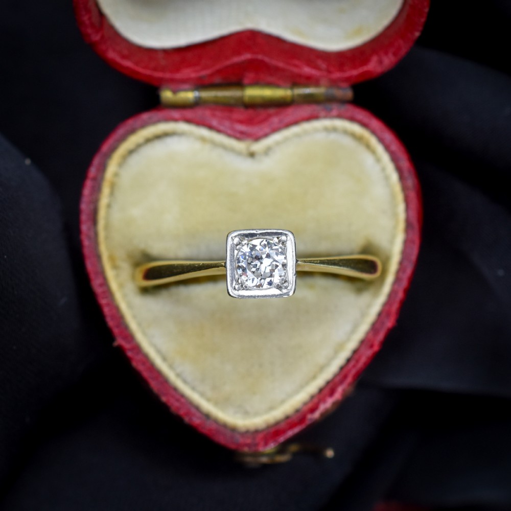 Antique 0.30ct Old Cut Diamond Square Solitaire 18ct Gold Engagement Ring