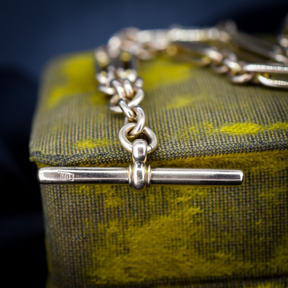 A 10ct yellow gold Albert chain with alternating trombone and oval links, complete with a T-bar and swivel clasp. View IX
