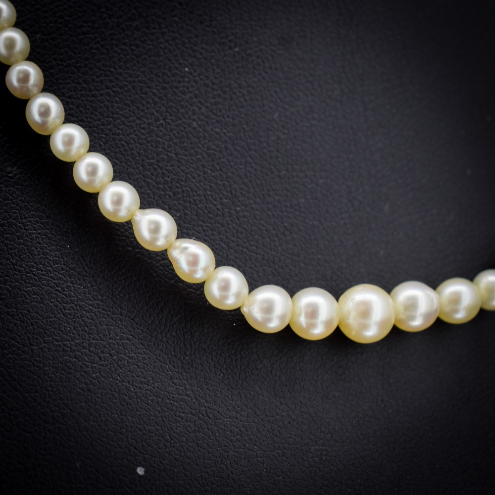 A 16-inch single strand necklace of graduated cream pearls fitted with a gold clasp. View IV