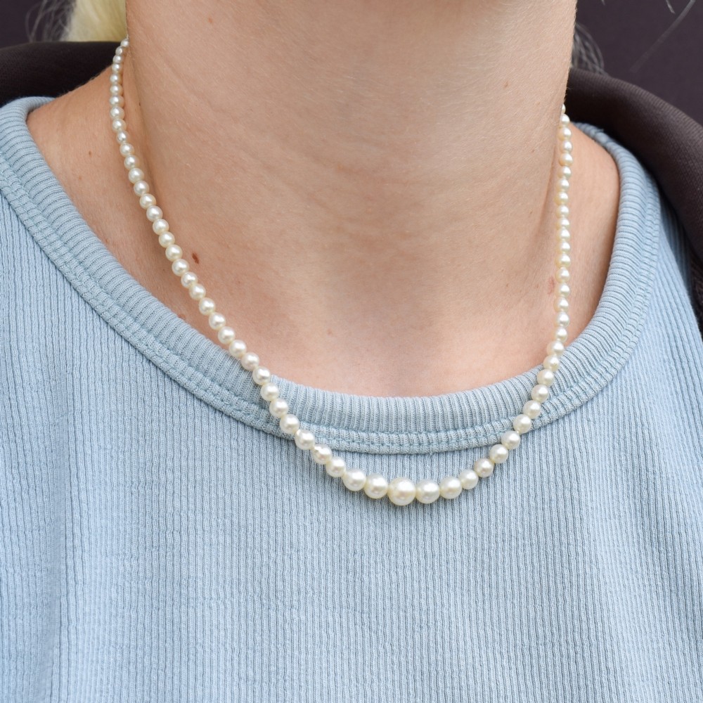 A 16-inch single strand necklace of graduated cream pearls fitted with a gold clasp. View VIII