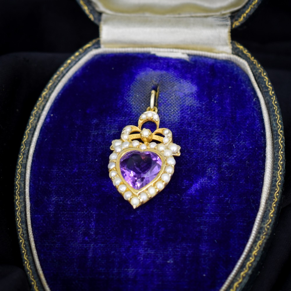 Vintage Amethyst and Pearl Heart Gold on Silver Charm Pendant