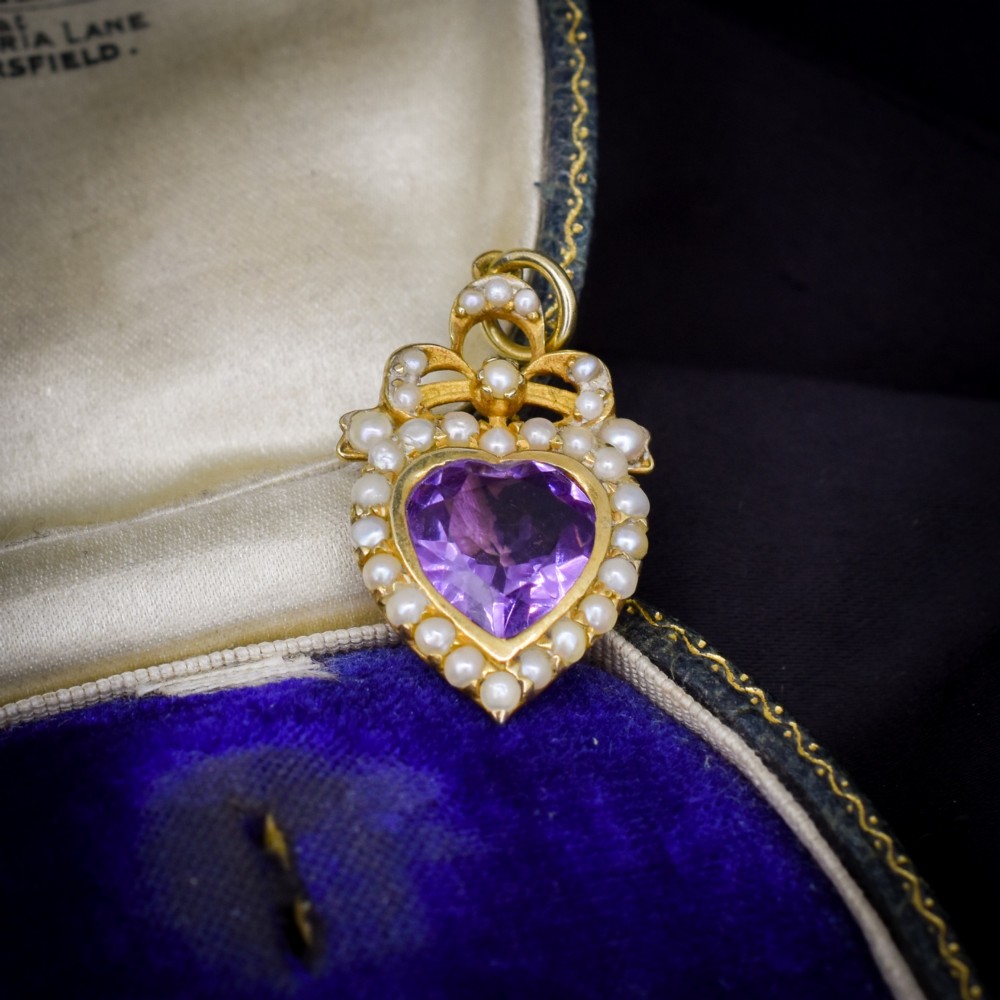 Vintage Amethyst and Pearl Heart Gold on Silver Charm Pendant View II
