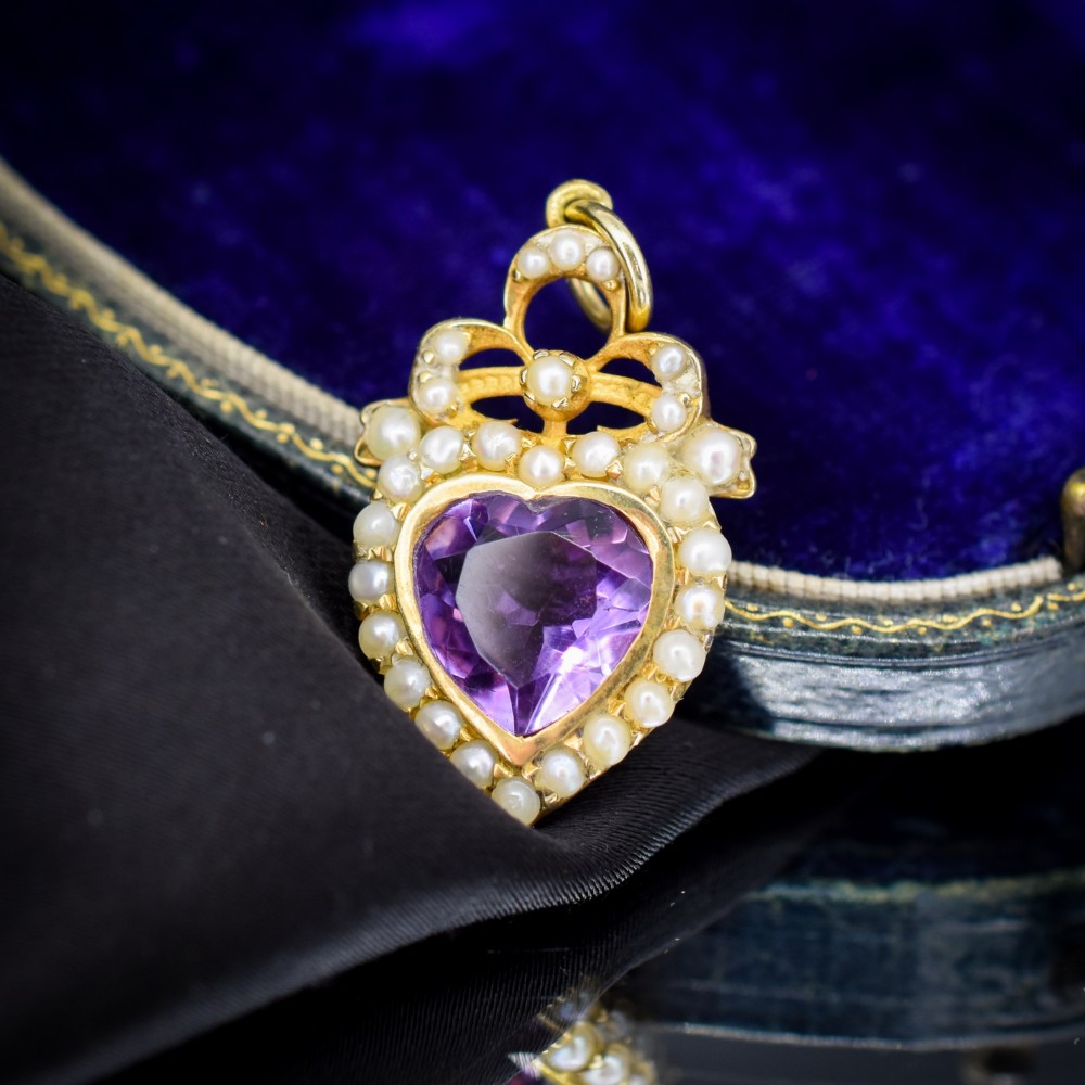 Vintage Amethyst and Pearl Heart Gold on Silver Charm Pendant View III