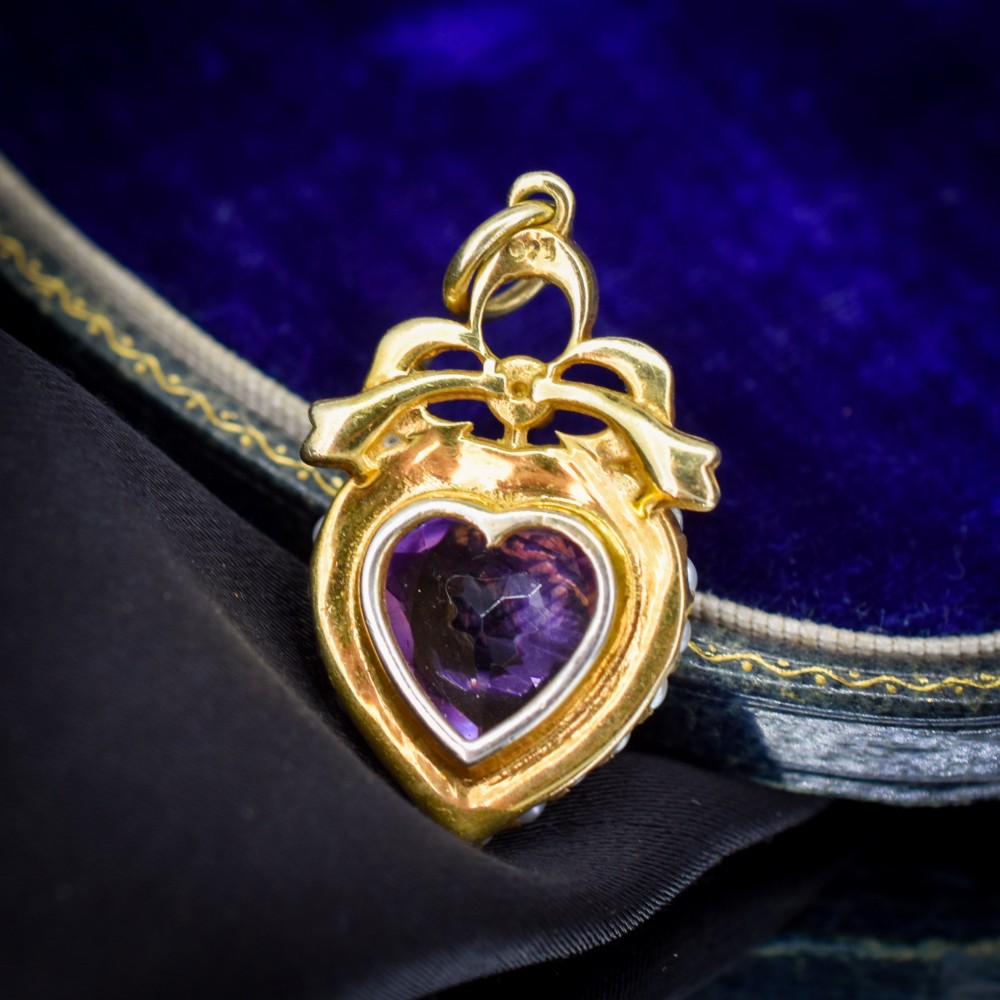 Vintage Amethyst and Pearl Heart Gold on Silver Charm Pendant View IV