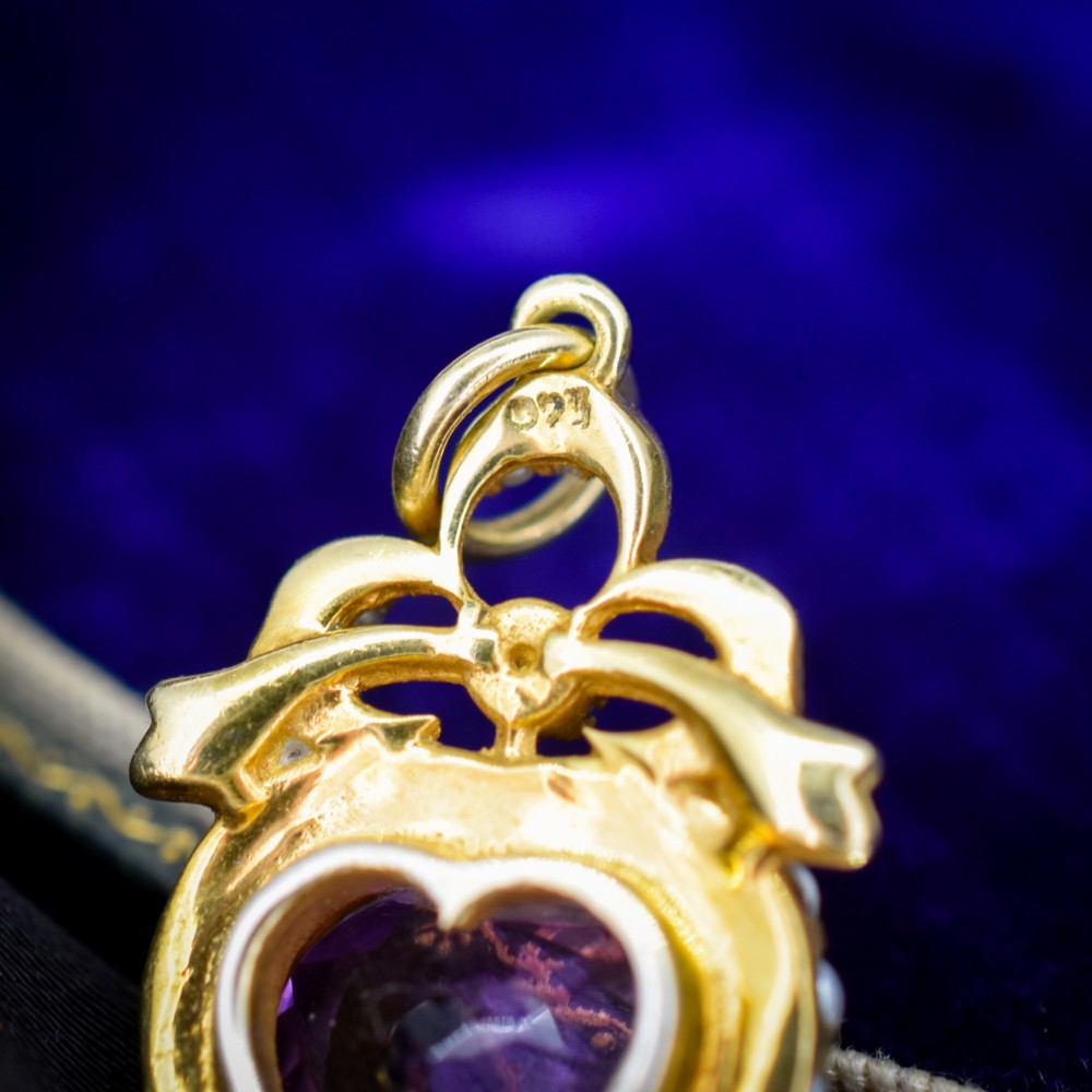 Vintage Amethyst and Pearl Heart Gold on Silver Charm Pendant View V