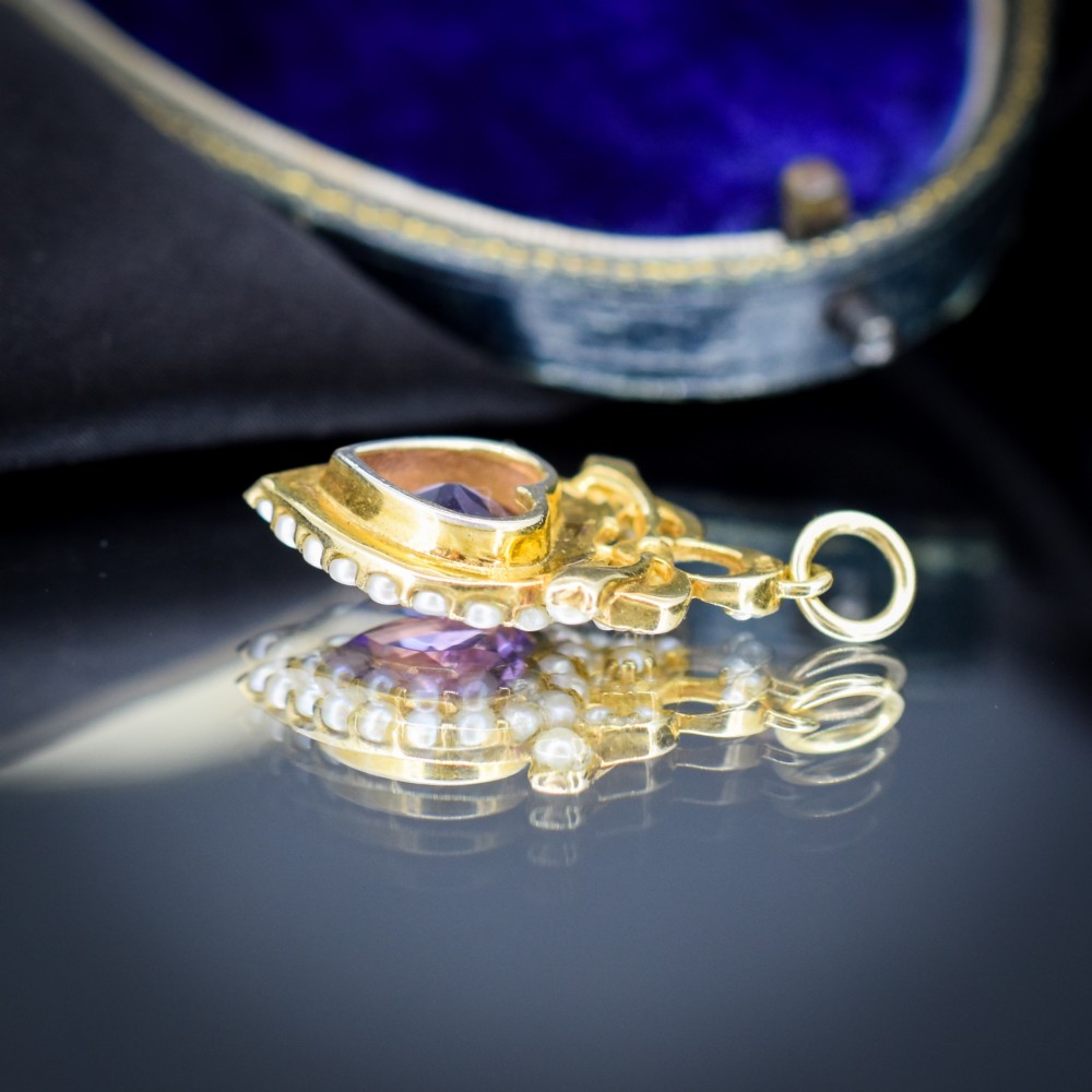 Vintage Amethyst and Pearl Heart Gold on Silver Charm Pendant View VI