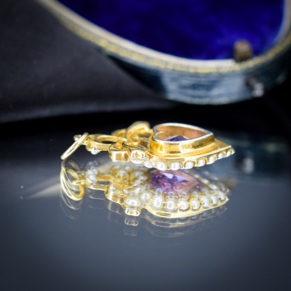 Vintage Amethyst and Pearl Heart Gold on Silver Charm Pendant View VII
