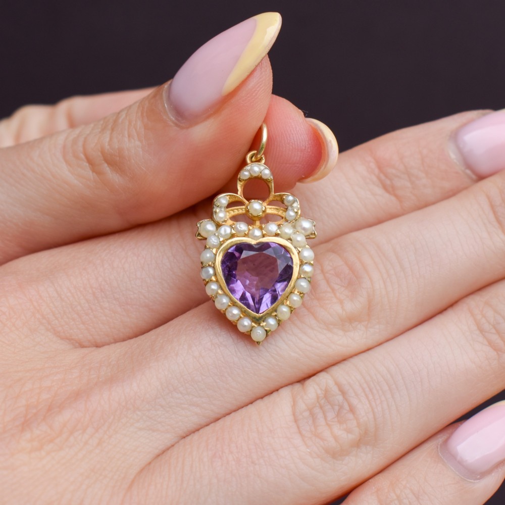Vintage Amethyst and Pearl Heart Gold on Silver Charm Pendant View VIII