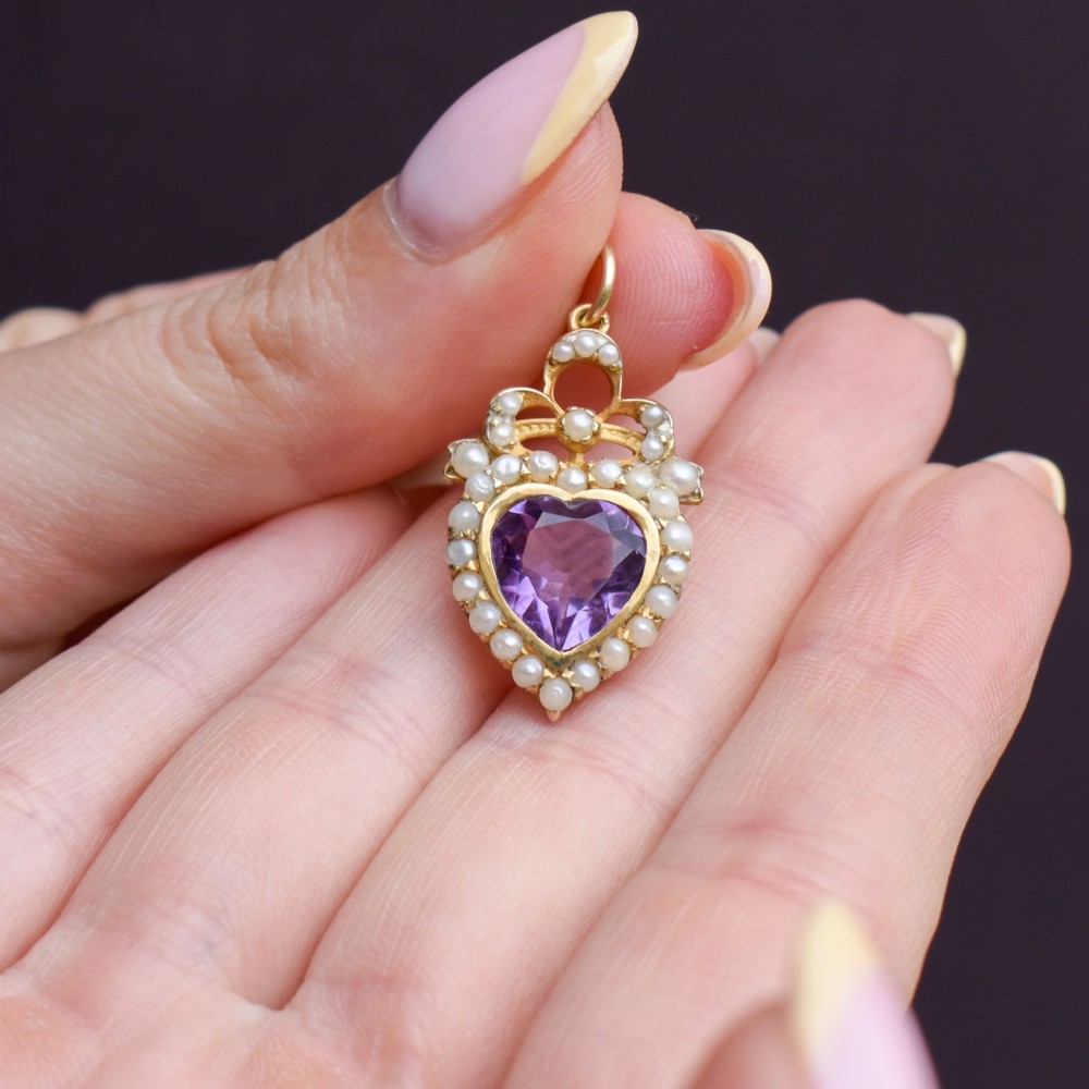Vintage Amethyst and Pearl Heart Gold on Silver Charm Pendant View IX
