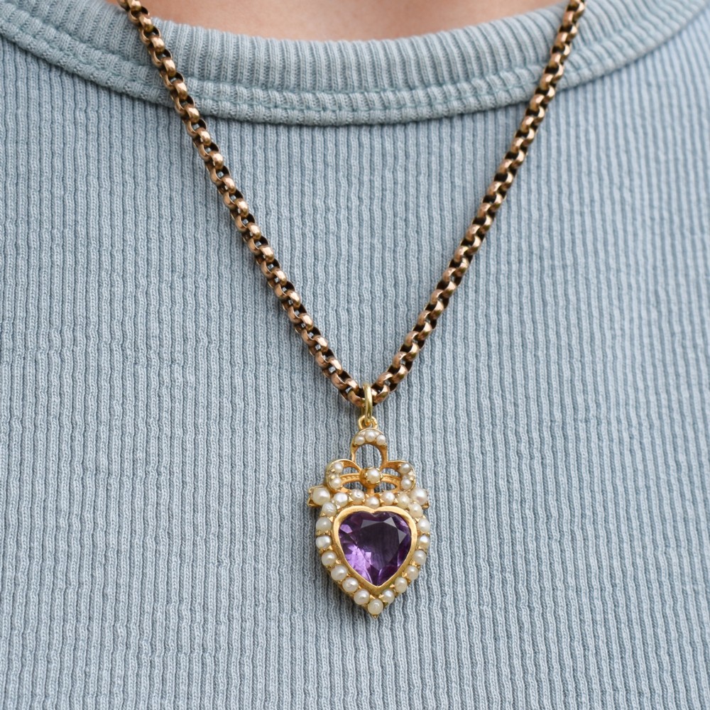 Vintage Amethyst and Pearl Heart Gold on Silver Charm Pendant View X