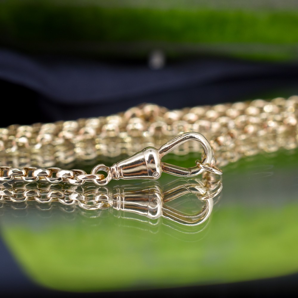 An antique Victorian 9ct yellow gold chain necklace with faceted circular links and a dog clip clasp. View V