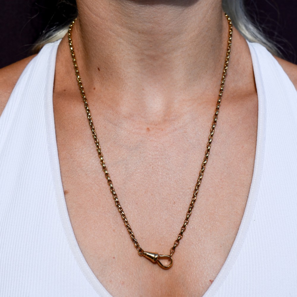 An antique Victorian 9ct yellow gold chain necklace with faceted circular links and a dog clip clasp. View X