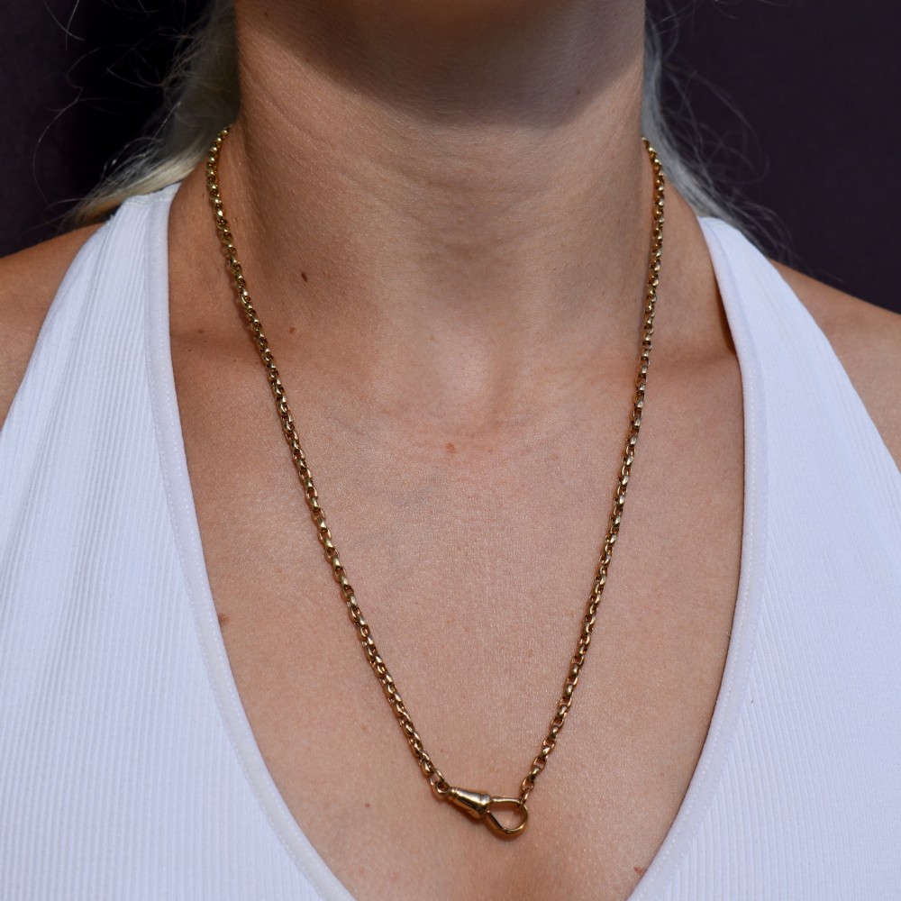 An antique Victorian 9ct yellow gold chain necklace with faceted circular links and a dog clip clasp. View XI