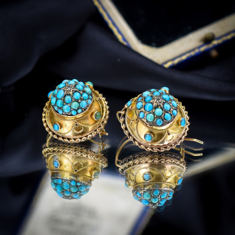 A pair of circular Victorian 9ct gold earrings featuring raised central domes set with pave turquoise cabochons and framed by decorative wirework. View III