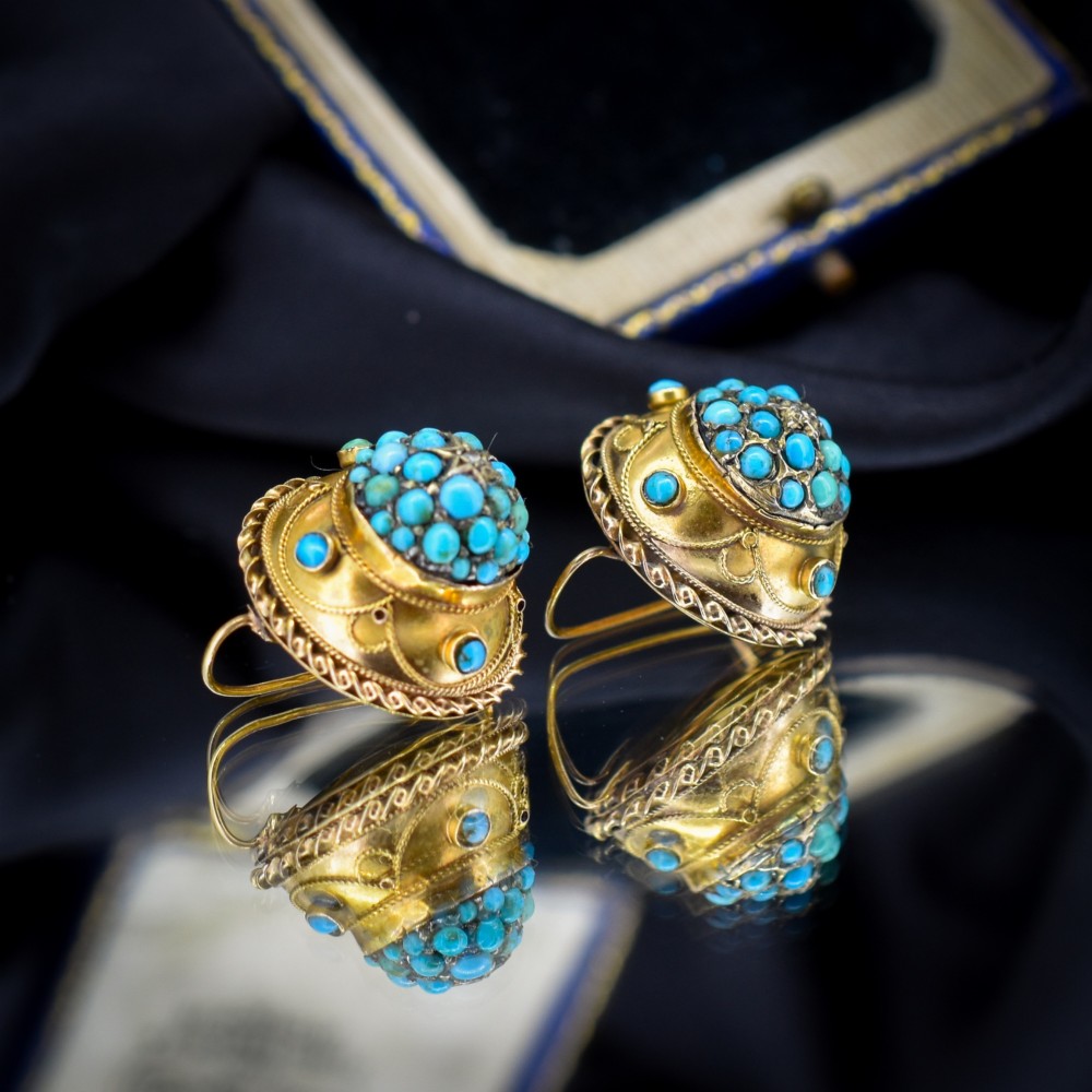 A pair of circular Victorian 9ct gold earrings featuring raised central domes set with pave turquoise cabochons and framed by decorative wirework. View IV