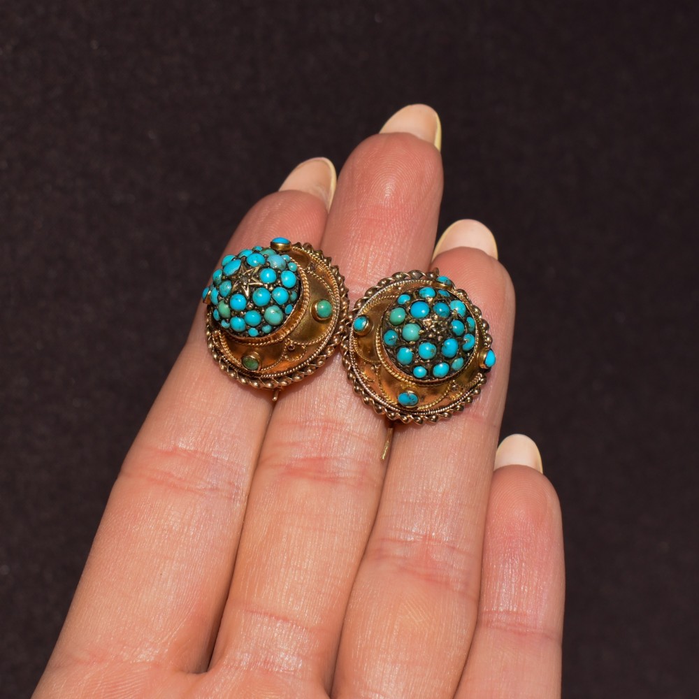 A pair of circular Victorian 9ct gold earrings featuring raised central domes set with pave turquoise cabochons and framed by decorative wirework. View VIII