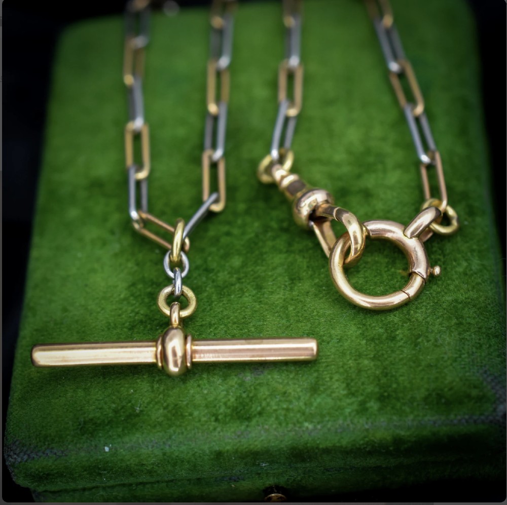 Antique 18ct Gold and Platinum Paper Link Trombone Watch Chain with Dog Clip and Bolt Ring | 12.75