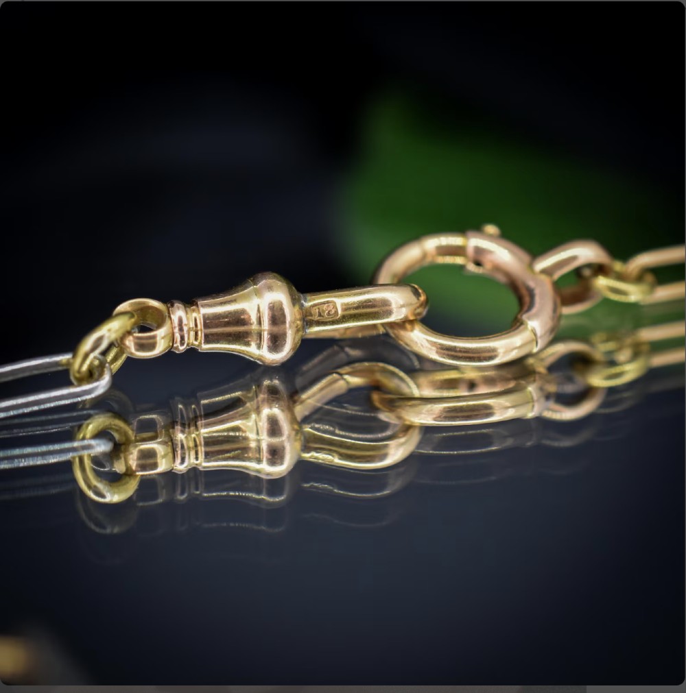 Antique 18ct Gold and Platinum Paper Link Trombone Watch Chain with Dog Clip and Bolt Ring | 12.75