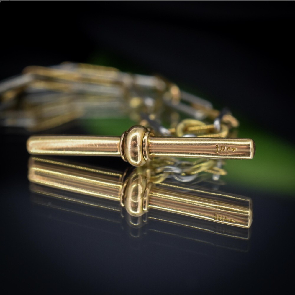 Antique 18ct Gold and Platinum Paper Link Trombone Watch Chain with Dog Clip and Bolt Ring | 12.75