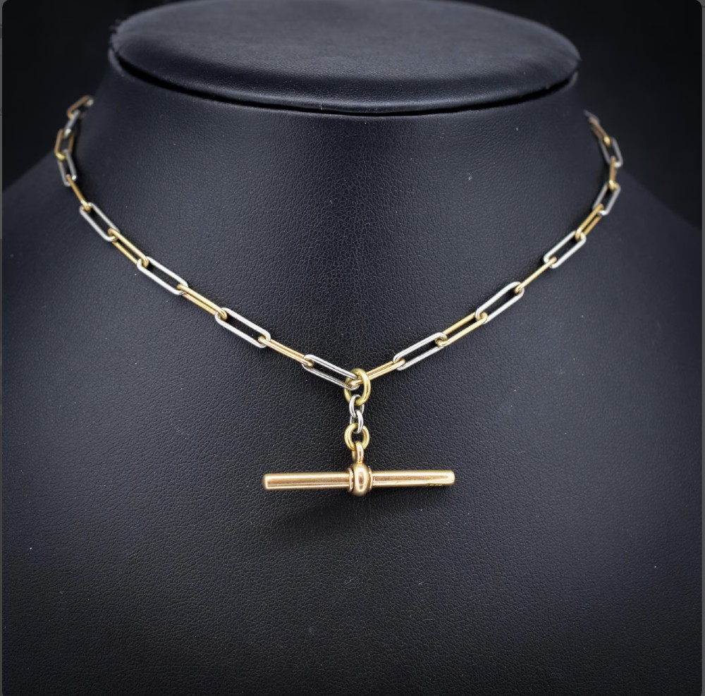Antique 18ct Gold and Platinum Paper Link Trombone Watch Chain with Dog Clip and Bolt Ring | 12.75
