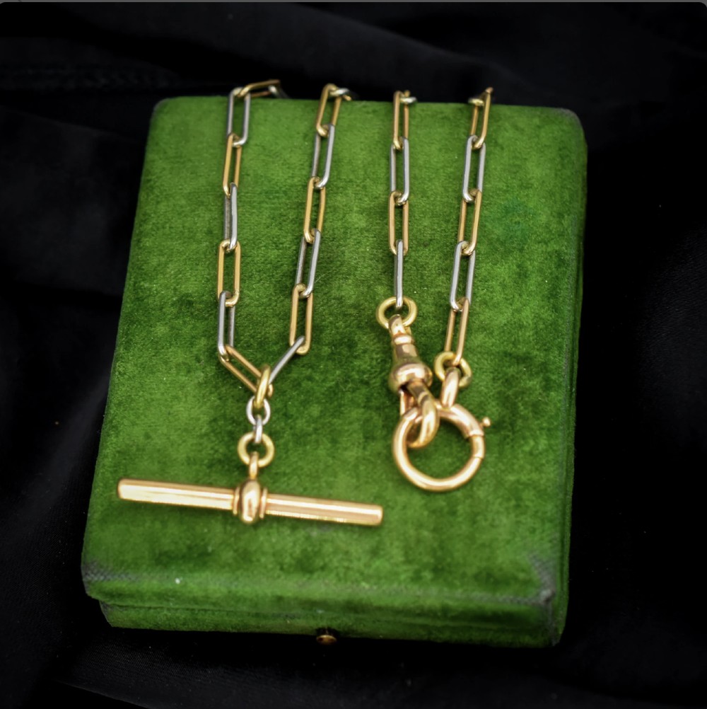 Antique 18ct Gold and Platinum Paper Link Trombone Watch Chain with Dog Clip and Bolt Ring | 12.75