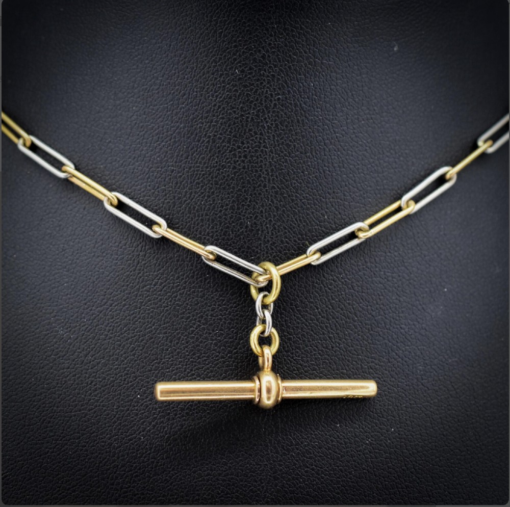 Antique 18ct Gold and Platinum Paper Link Trombone Watch Chain with Dog Clip and Bolt Ring | 12.75