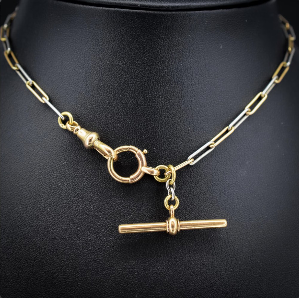 Antique 18ct Gold and Platinum Paper Link Trombone Watch Chain with Dog Clip and Bolt Ring | 12.75