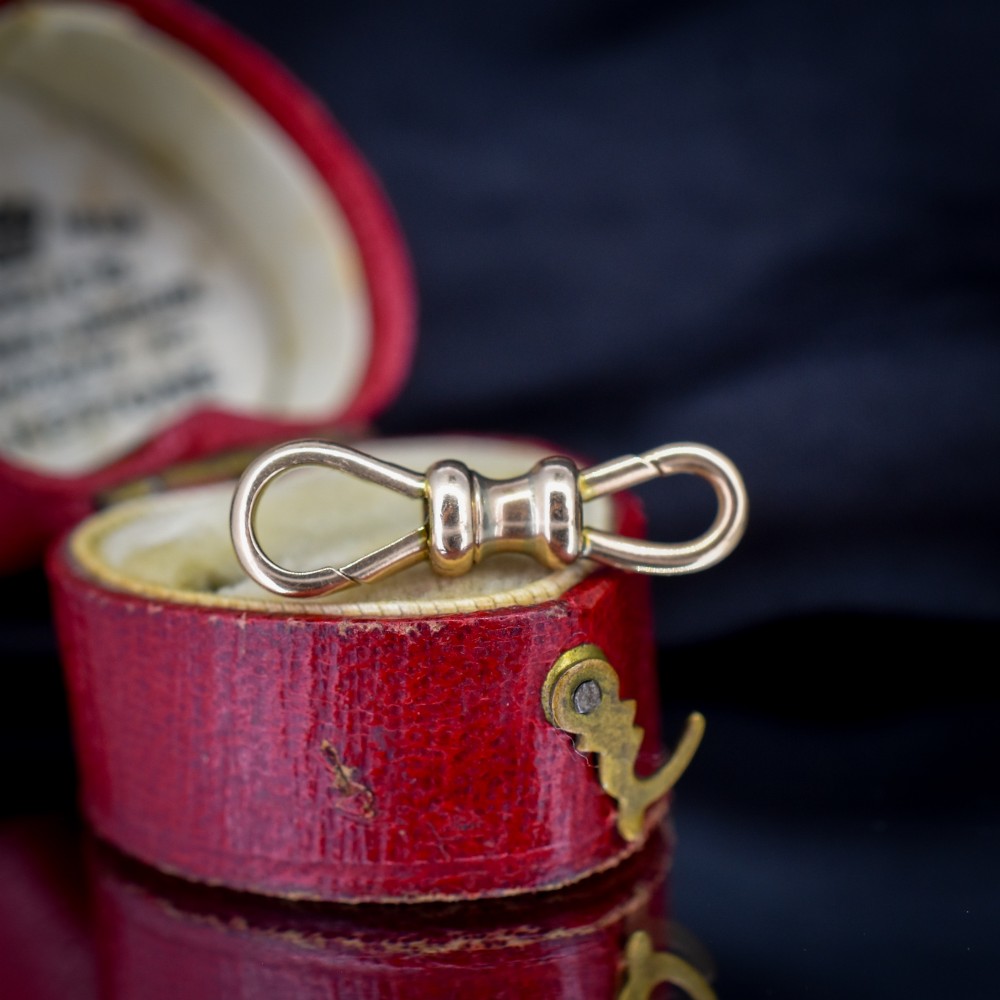 A double-sided 9ct yellow gold antique dog clip clasp featuring hinged spring fasteners at both ends connected by a central barrel collar. View III