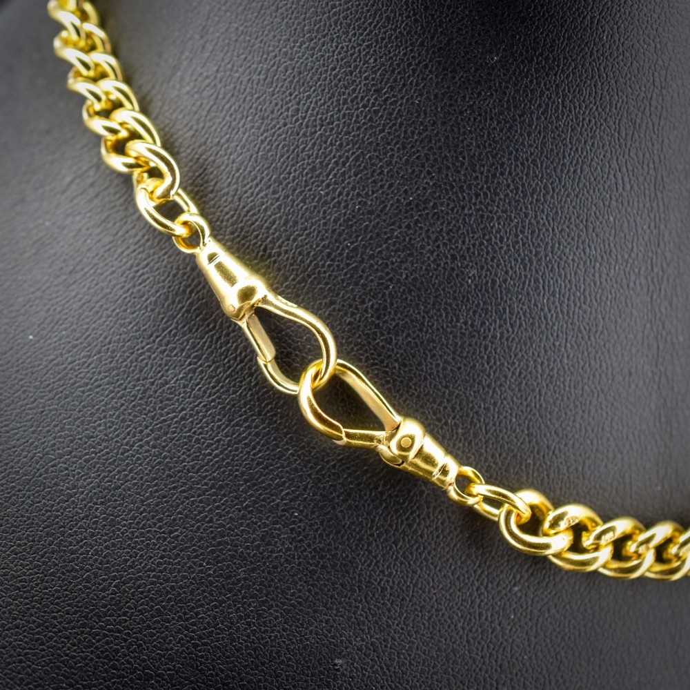 An antique gold-gilded sterling silver Albert watch chain featuring uniform curb links, a T-bar attachment, and dual swivel clasps. View V