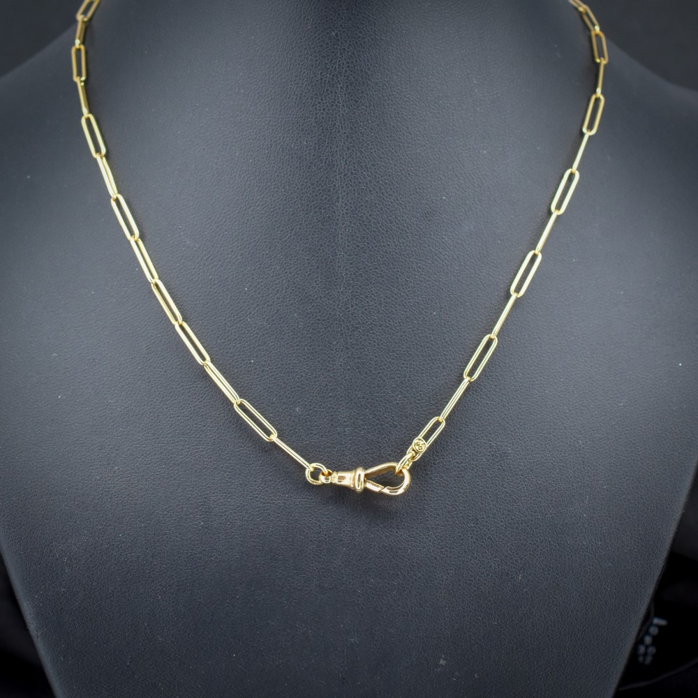 An antique 9ct yellow gold chain featuring elongated paperclip links and a swivel dog clip clasp. View II