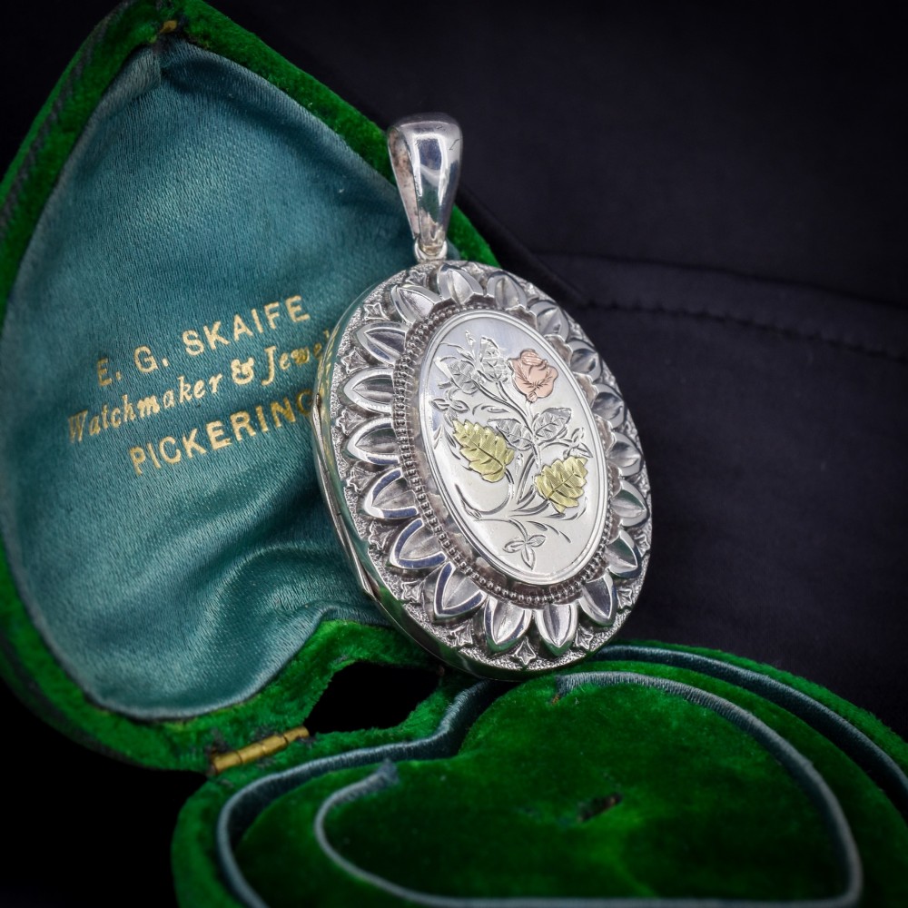 Antique Victorian Silver and Gold Oval Floral Photo Locket Pendant View II