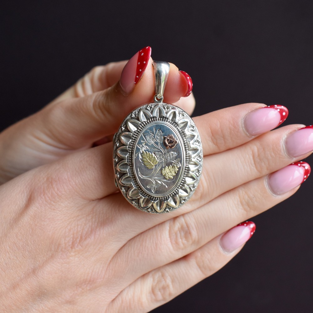 Antique Victorian Silver and Gold Oval Floral Photo Locket Pendant View VI