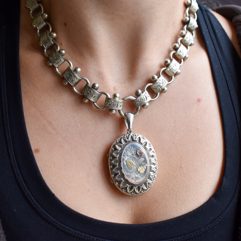 Antique Victorian Silver and Gold Oval Floral Photo Locket Pendant View IX
