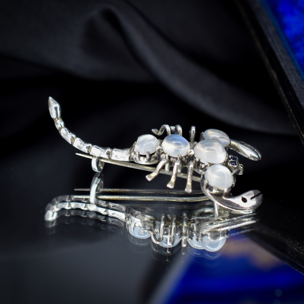 An antique silver scorpion brooch set with five circular cabochon moonstones along its body. View IV