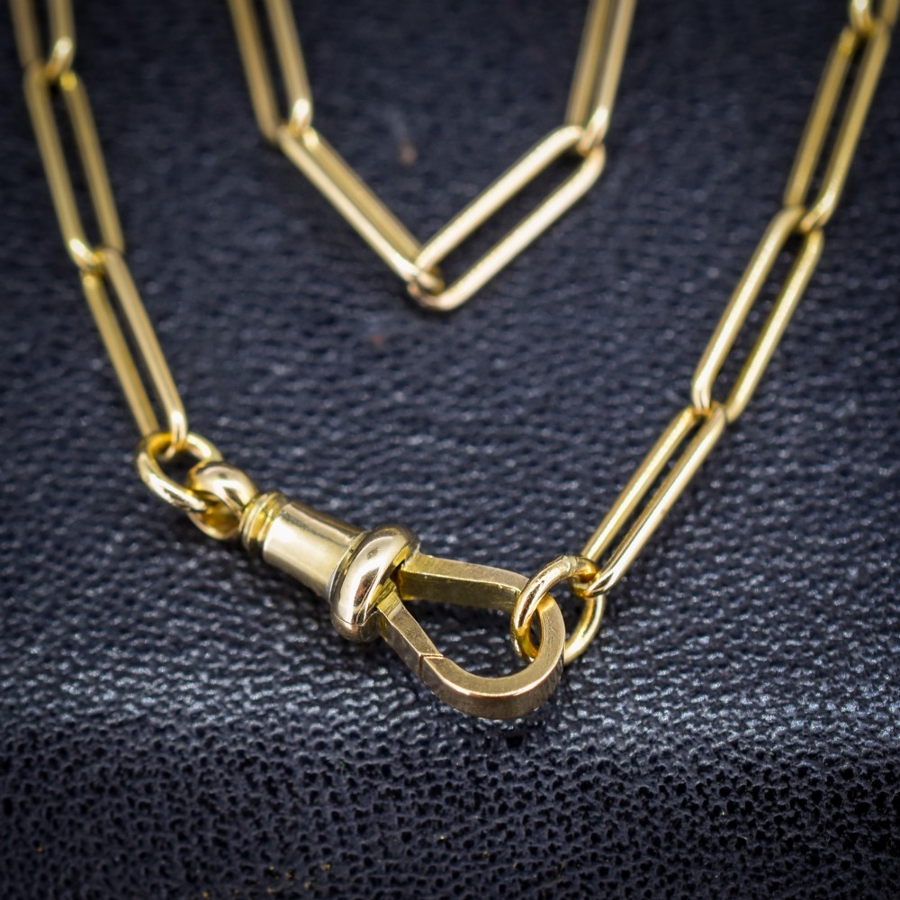 An antique 9ct yellow gold paperlink chain necklace featuring uniform elongated rectangular links and a swivel dog clip clasp. View VI