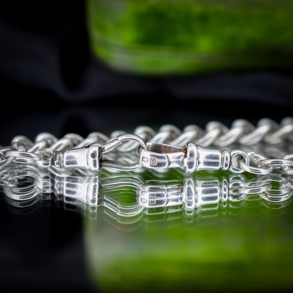 An antique sterling silver curb link Albert chain featuring a central T-bar attachment and double dog clip clasps. View VII