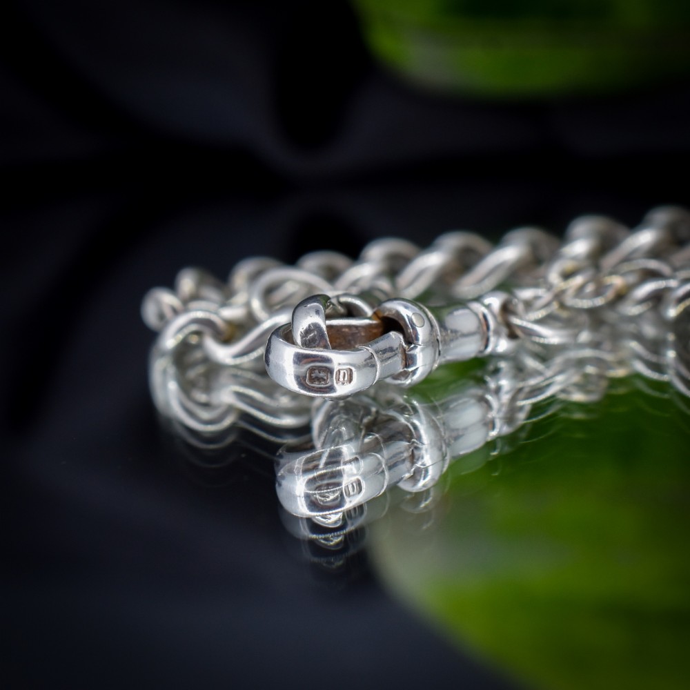 An antique sterling silver curb link Albert chain featuring a central T-bar attachment and double dog clip clasps. View VIII