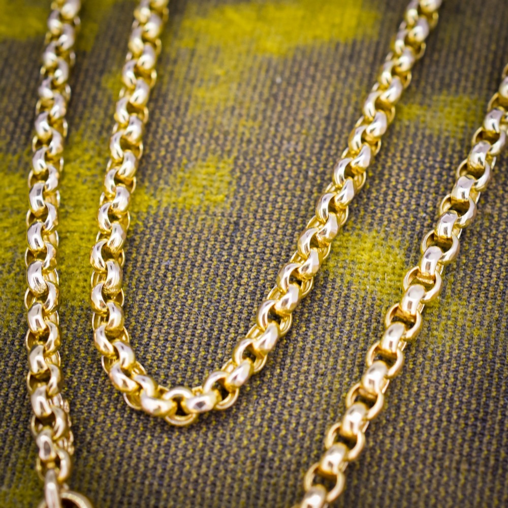 An antique Victorian 9ct yellow gold belcher link chain necklace featuring a dog clip clasp fastener. View VII