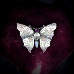 ANTIQUE VICTORIAN BUTTERFLY SILVER AND GOLD BROOCH PIN DATED 1886