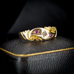 ANTIQUE VICTORIAN RUBY DIAMOND STARBURST 15CT GOLD BAND RING DATED 1894