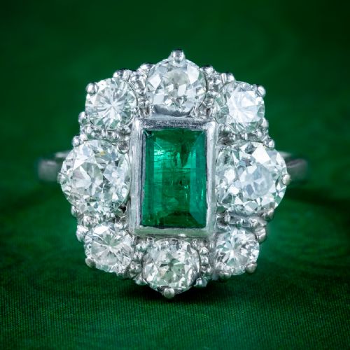 Antique Edwardian Emerald Diamond Cluster Ring 0.60ct Emerald