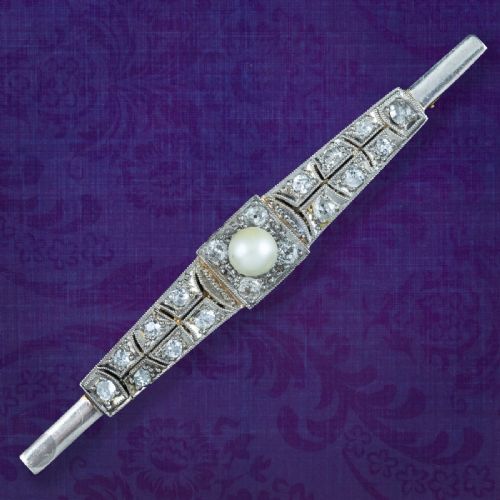 Antique Art Deco Diamond Pearl Bar Brooch 18ct Gold 1ct Of Diamond