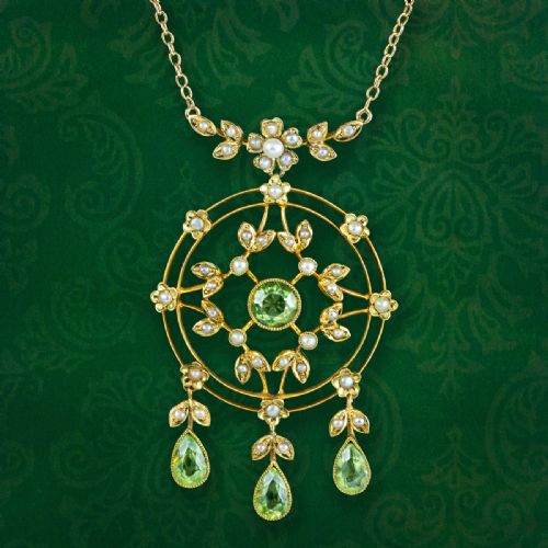 Antique Edwardian Peridot Pearl Lavaliere Pendant Necklace 15ct Gold