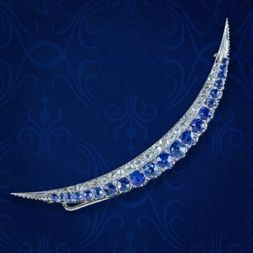 Antique Edwardian Sapphire Diamond Crescent Brooch 18ct Gold 