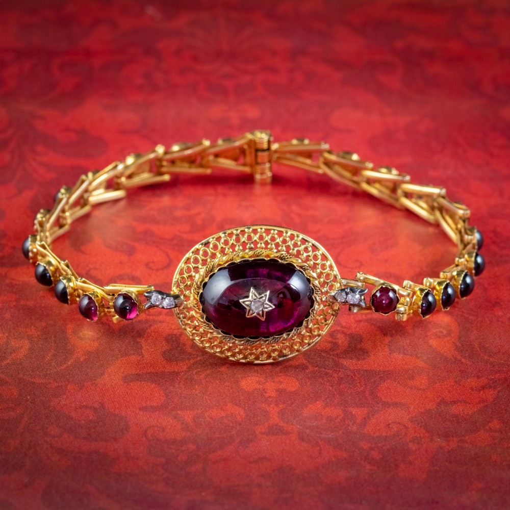 Antique Victorian Etruscan Revival Cabochon Garnet Diamond
